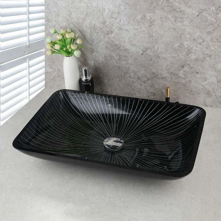 KEMAIDI Black Striped Tempered Glass Vessel Sink Set, Multi-Shape Bathroom Basin with Single-Handle Faucet Deck Mounted Vessel