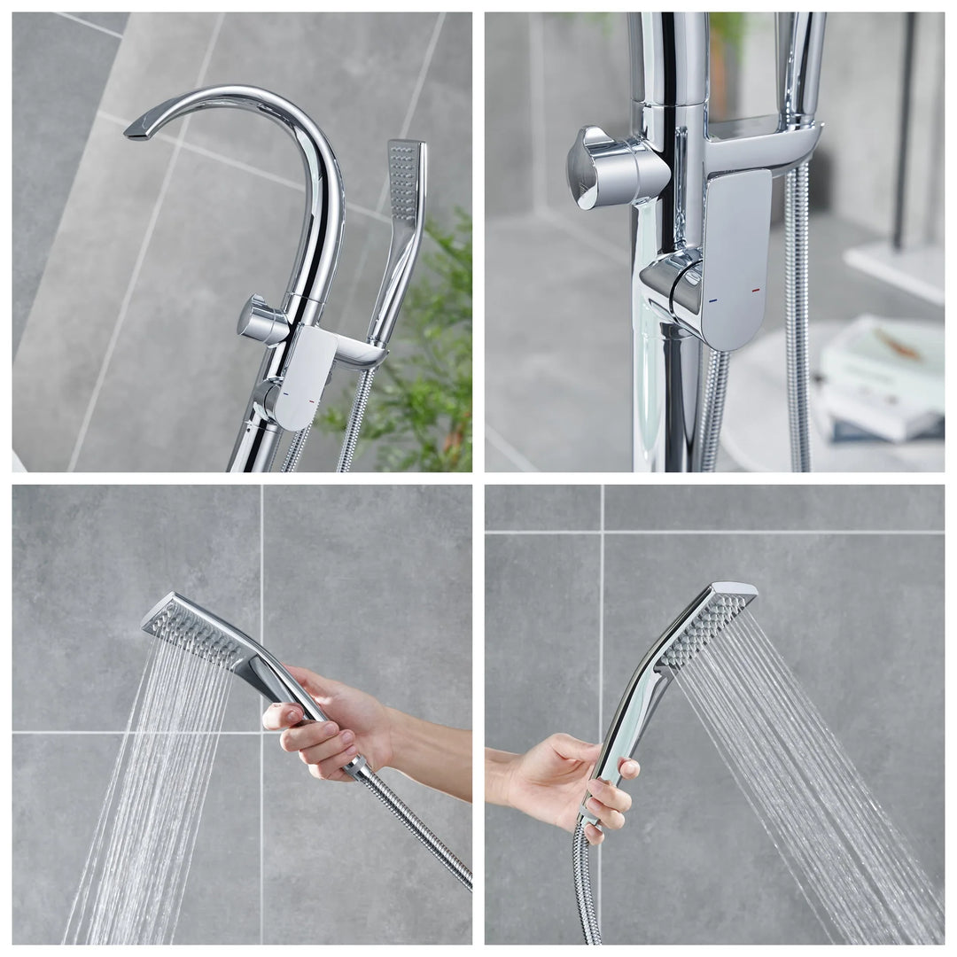 Floor Stand Waterfall Bathtub Faucet Solid Brass Bathroom Bathtub Water Mixer with Hand Shower in Brushed Rose Gold, Black, Gold