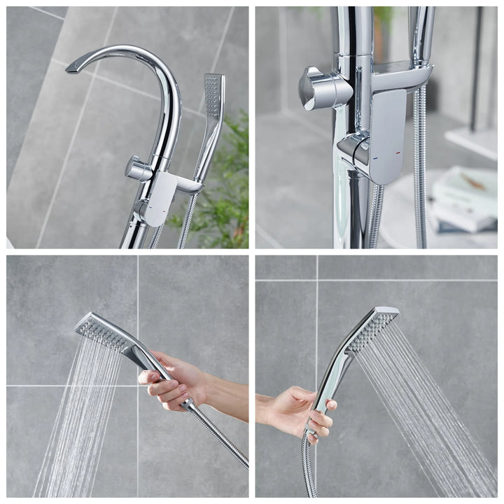 Floor Stand Waterfall Bathtub Faucet Solid Brass Bathroom Bathtub Water Mixer with Hand Shower in Brushed Rose Gold, Black, Gold