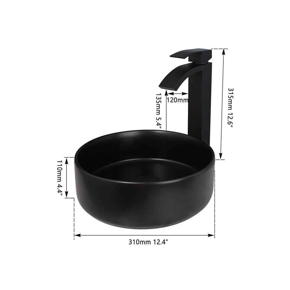 KEMAIDI Matte Black Bathroom Ceramic Washing Bowl Sink Above Counter Round Bathroom Sinks with Faucet Mixer Tap Set Deck Mounted