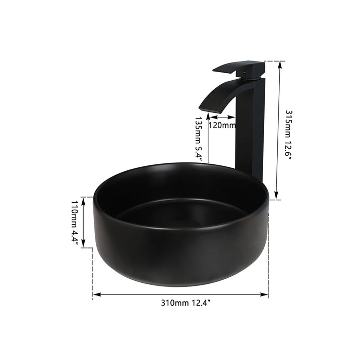 KEMAIDI Matte Black Bathroom Ceramic Washing Bowl Sink Above Counter Round Bathroom Sinks with Faucet Mixer Tap Set Deck Mounted