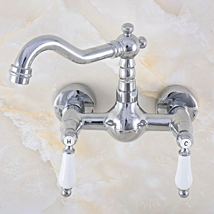 Wall Mounted Bathroom Faucet Polished Chrome Brass Finish Dual Ceramic Handle Washbasin Mixer Vessel Sink Faucets Lnf562