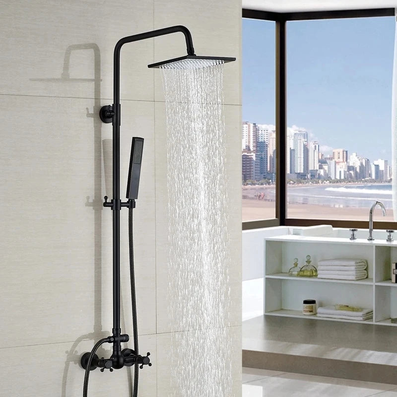 KEMAIDI Bathroom Black Shower Set Wall Mounted 8" Rainfall Shower Faucet 3-functions 2 Cross Handles Solid Brass Shower Fixtures