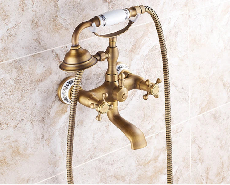 Antique Luxury Bathroom Shower Faucet Copper Black Bathtub Faucet Shower Set Wall Mounted 2 Handles Shower