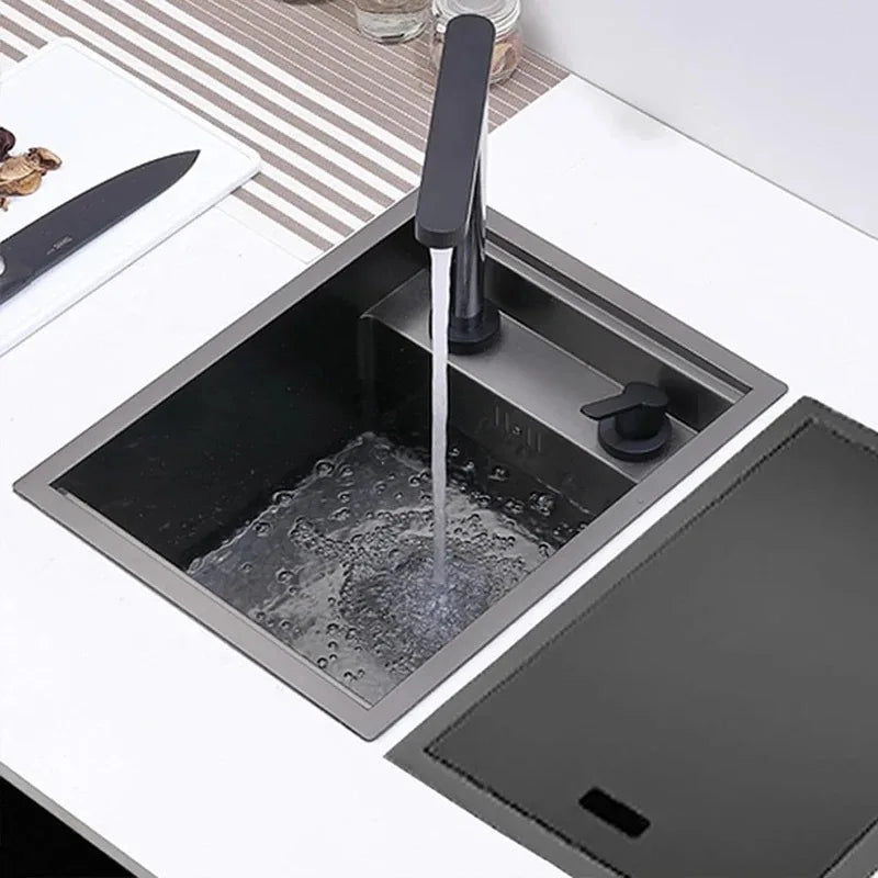 Nano Hidden Bar Kitchen Sink Black Folding Faucet Mini Small Single Bowl Wash Basin Stainless Steel Soap Dispenser Accessories