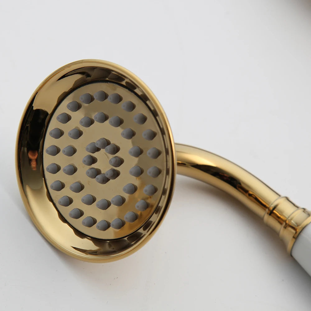 KEMAIDI Golden Plated Shower Faucet Set Solid Brass Wall Mounted Rainfall Shower Mixer Tap 8 Inch Round Style Shower Faucet Set