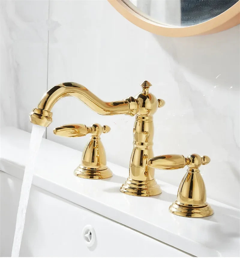 Basin Faucet Brass Gold Widespread Bathroom  Antique Sink  3 Hole Hot And Cold Water  Tap Pop Up