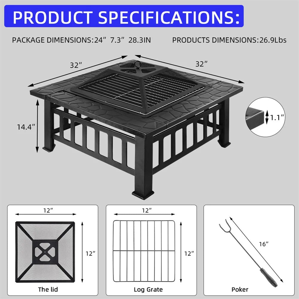 Outdoor Barbecue Grill, Charcoal BBQ Tool, Fire Pit, Square, Courtyard, Camping Table, Family Gathering, 3 in 1