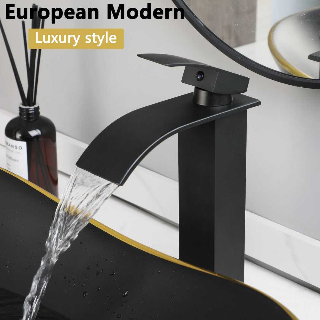 KEMAIDI Black Ceramic Vessel Sink with Faucet and Drain Combo 24 inch Oval Above Counter Bathroom Sink Bowl with Marbling Basin