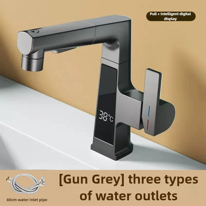 Digital Display Pulling Faucet Intelligent Temperature Sensor Brass Washbasin Taps Rotating Lifting Cold and Hot Water Mixer Tap