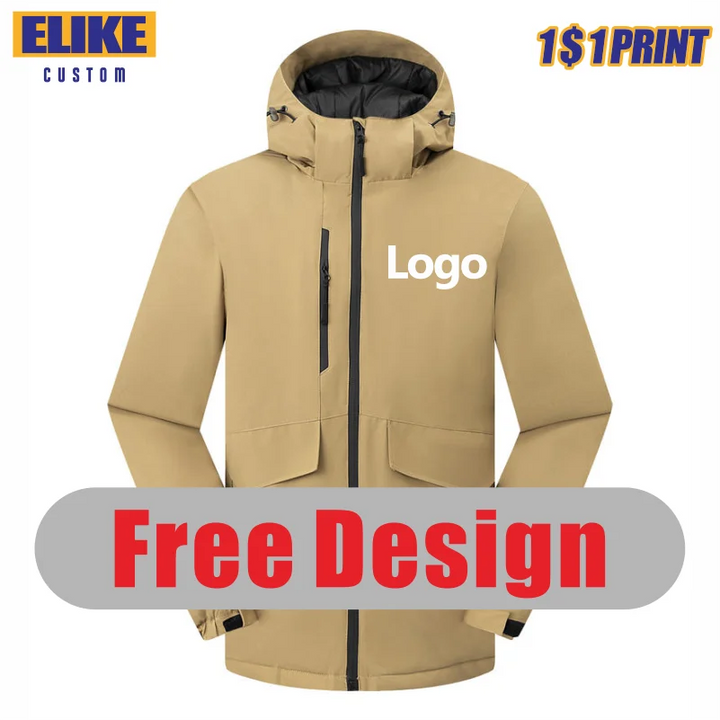 Winter Jacket Custom Logo Thick Velvet Warm Coat Men Women Windproof Hooded Outdoor Casual Mountaineering Overcoat ELIKE