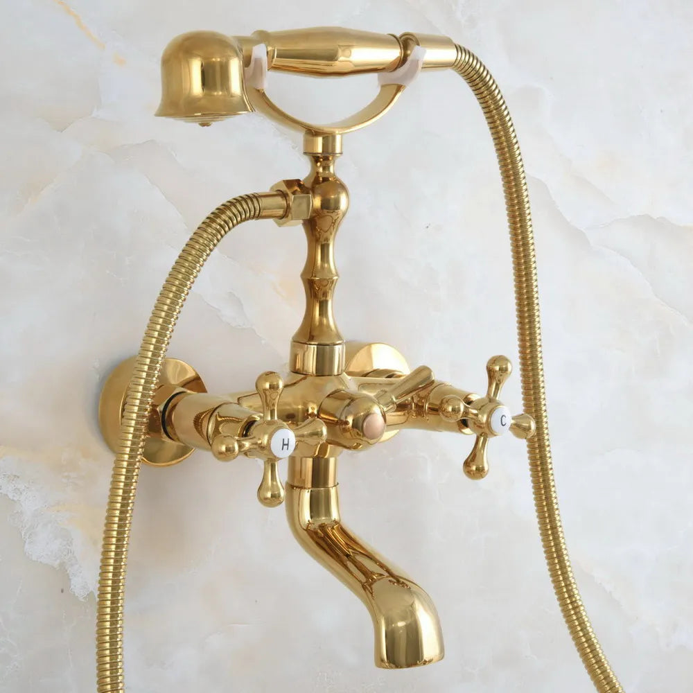 Polished Gold Brass Wall Mount Bathroom Bathtub Faucet Dual Handles Bath Shower Mixer Tap with Hand Shower