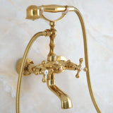 Polished Gold Brass Wall Mount Bathroom Bathtub Faucet Dual Handles Bath Shower Mixer Tap with Hand Shower