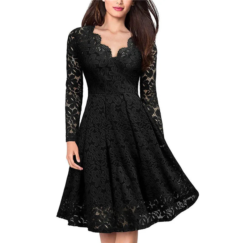 LSYCDS Elegant Sexy Dress for Women Vintage Lace Long Sleeve V Neck