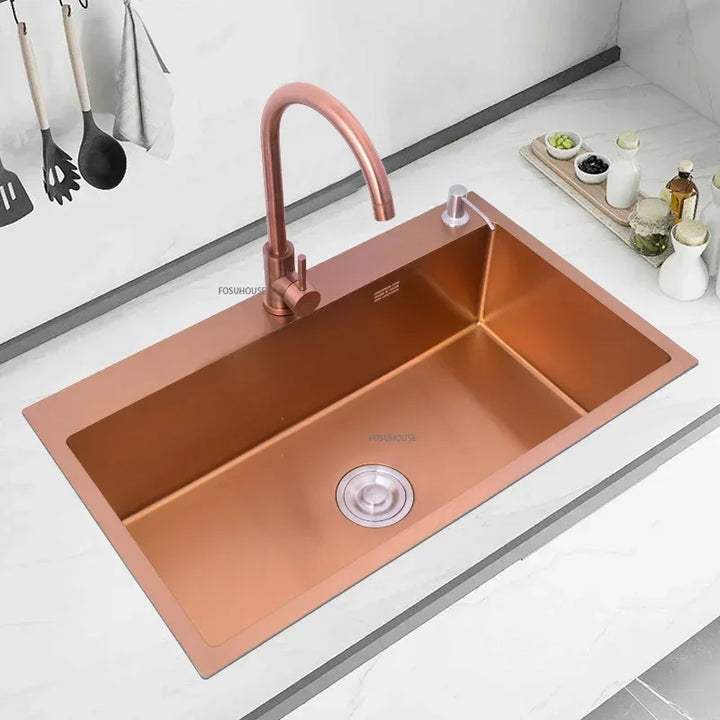 Rose Gold Stainless Steel Kitchen Sink Single Bowl Above Counter Vegetable Basin Modern Drain Storage Luxury