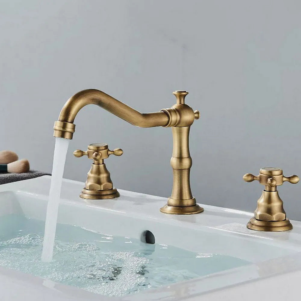 Bathroom Basin Faucet 3 Hole Deck Mounted Dual Handle Hot Cold Mixer Water Tap Brass Basin Sink Faucet Nzh041