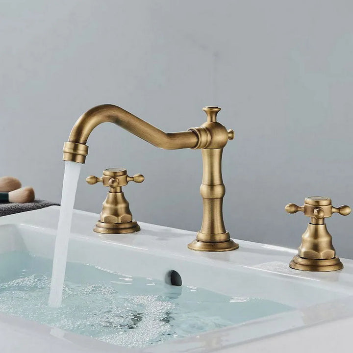 Bathroom Basin Faucet 3 Hole Deck Mounted Dual Handle Hot Cold Mixer Water Tap Brass Basin Sink Faucet Nzh041