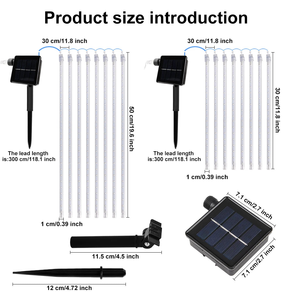 30/50cm Solar Meteor Shower LED Holiday Fairy String Light 8 Tubes Outdoor Waterproof Garden Street Garland