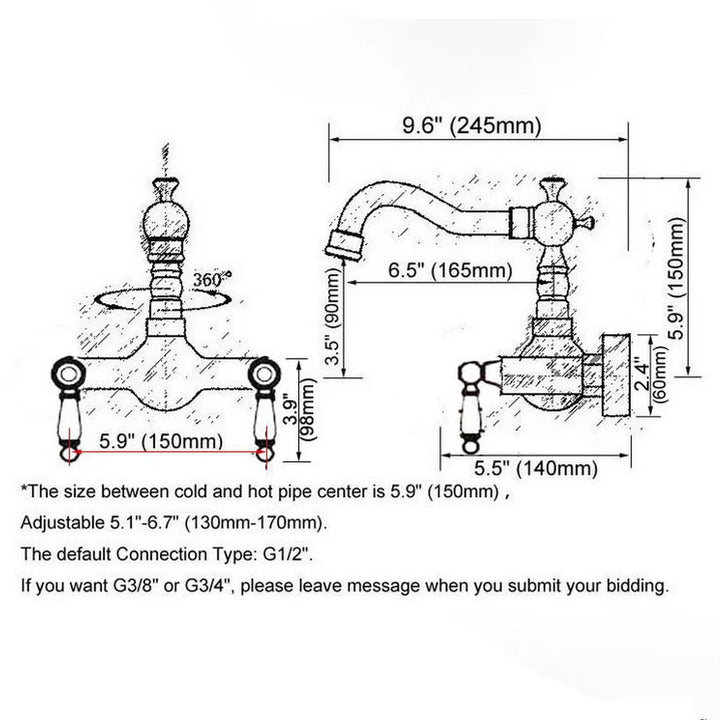 Black Oil Rubbed Bronze Wall Mounted Bathroom Kitchen Sink Faucet Swivel Spout Mixer Tap Dual Ceramics Handles Levers anf859