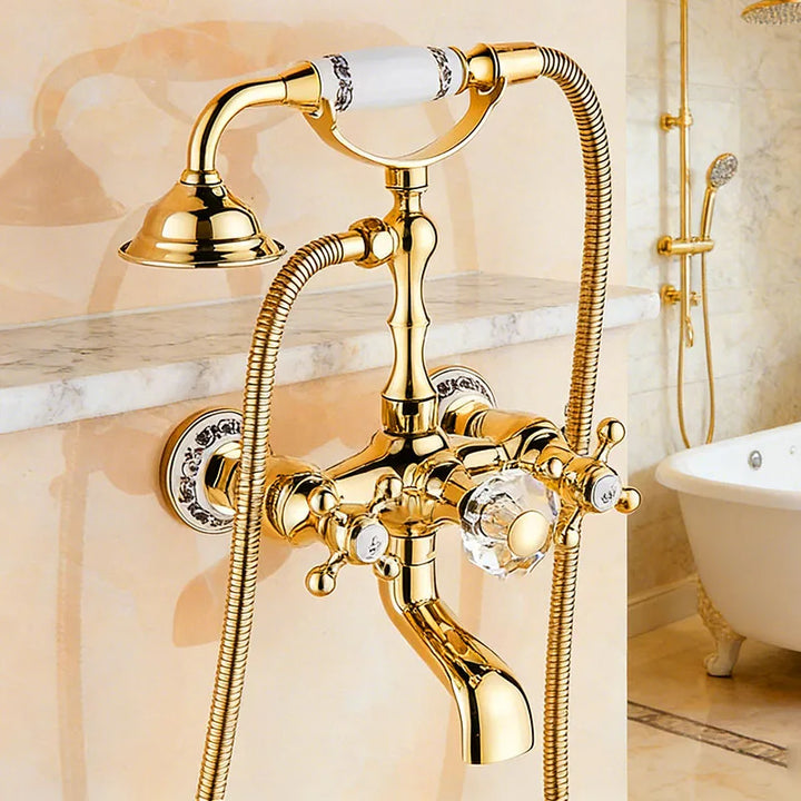 Luxury Golden Bathtub Faucet - Brass Bathroom Faucet with Rotating Spout & Shower, Brass Construction