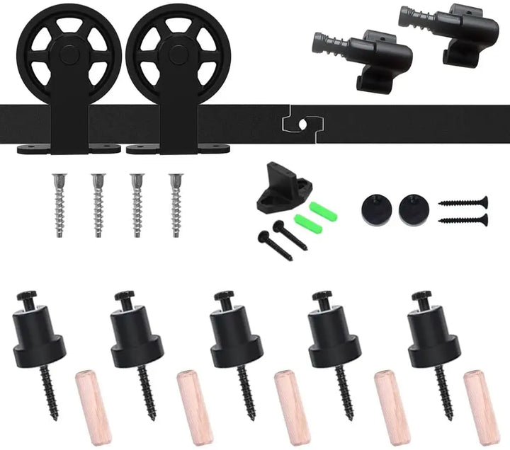 TSMST Heavy Duty Barn Door Hardware Kit for Wood Single Barn Door Black Industrial Rail + Middle Wheel  T Shape Roller
