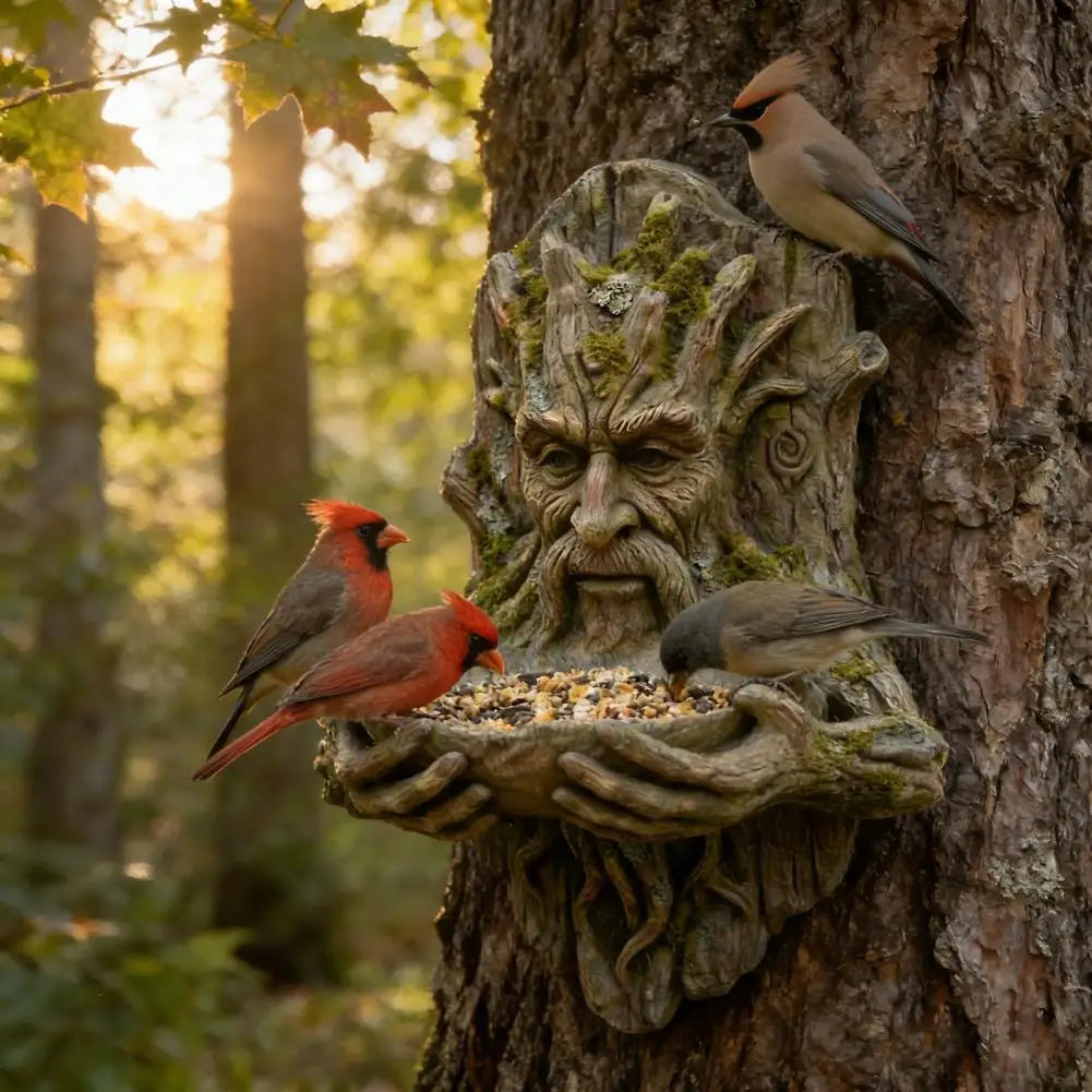 Mounted on Tree Bird Feeder Tree Face Bird Feeder Weatherproof Resin Decorative Birdseed Holder for Garden Backyard