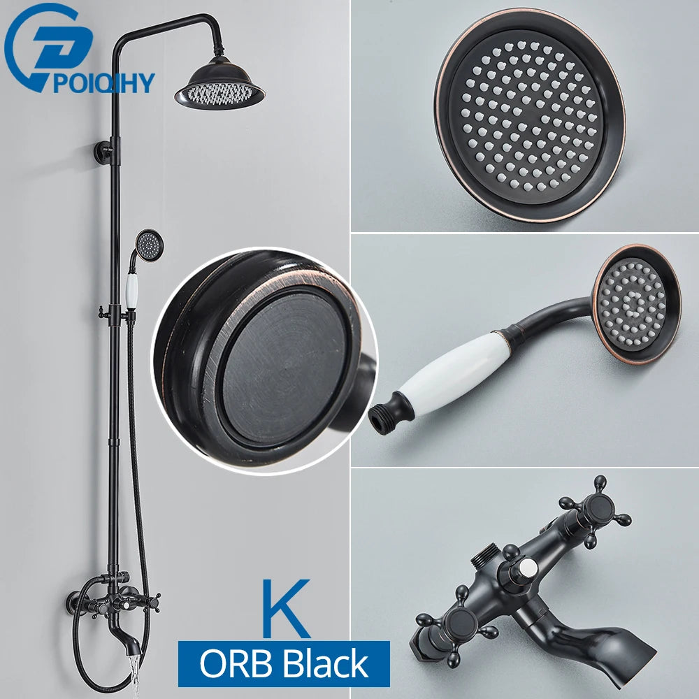 POIQIHY ORB Black Bathroom Shower Faucet In Wall 8" Rainfall Brass Shower Set Mixer Tap Tub Spout Bath Shower Set Dual Handles