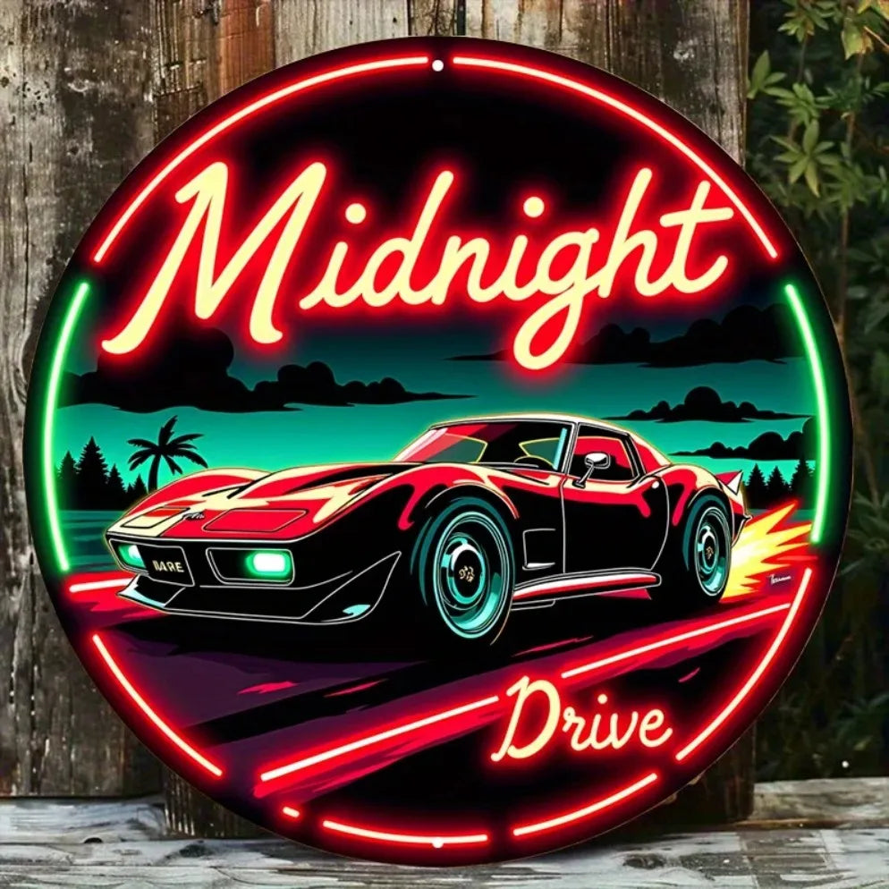 Vintage Neon Car Sign Midnight Drive – Retro Automotive LED Art Metal Sign with Red & Green Lights, Round Metal Wall Decor