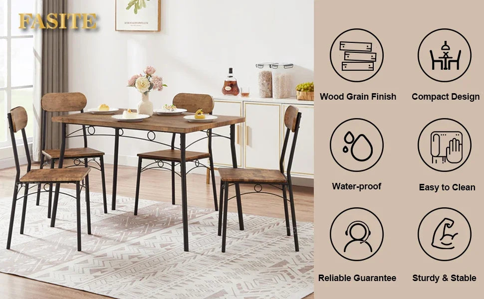 Simple Dining Table Set 5 Piece Dinette With Chairs For Kitchen, Breakfast Nook And Small Space, Brown, Table & Chair For 4