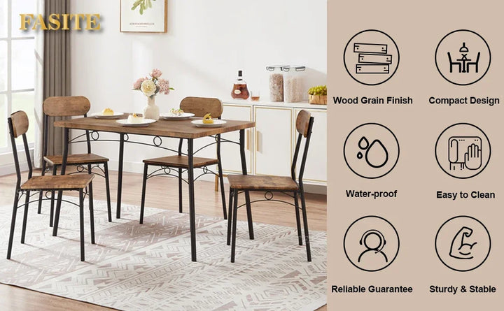 Simple Dining Table Set 5 Piece Dinette With Chairs For Kitchen, Breakfast Nook And Small Space, Brown, Table & Chair For 4