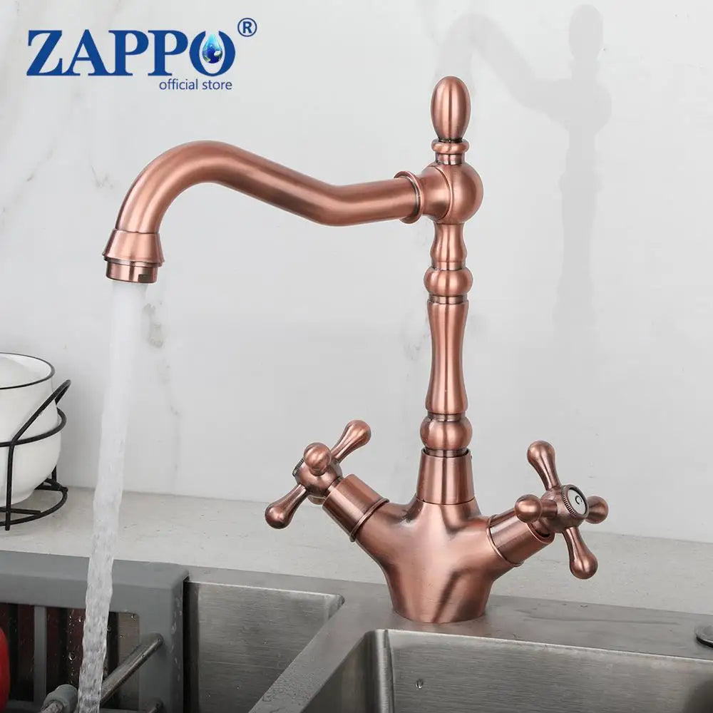 ZAPPO Kitchen Sink Faucet Polish Chrome Double Cross Handle Mixer 360° Swivel Spout Kitchen Faucets Tap Hot and Cold Water Taps