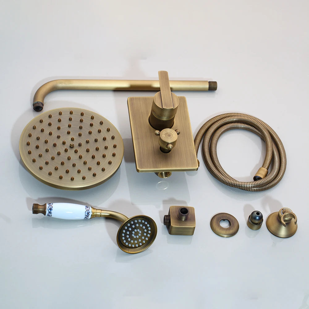 KEMAIDI Golden Plated Shower Faucet Set Solid Brass Wall Mounted Rainfall Shower Mixer Tap 8 Inch Round Style Shower Faucet Set
