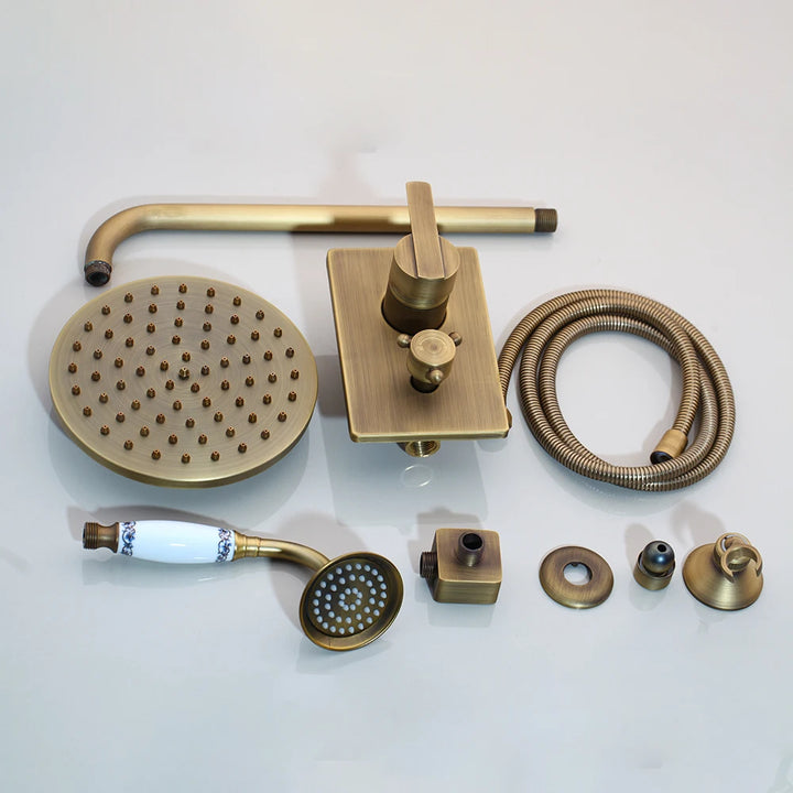 KEMAIDI Golden Plated Shower Faucet Set Solid Brass Wall Mounted Rainfall Shower Mixer Tap 8 Inch Round Style Shower Faucet Set