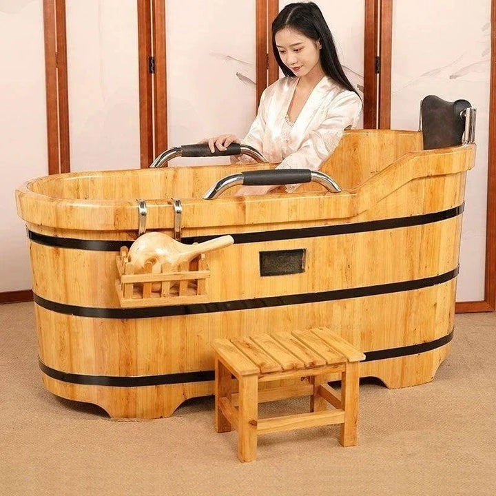 Portable Bathtubs Wooden Barrel Sweat Steaming with Cover Home Full Body Adult Bath Barrel Adult Home Beauty Salon Bath Tub