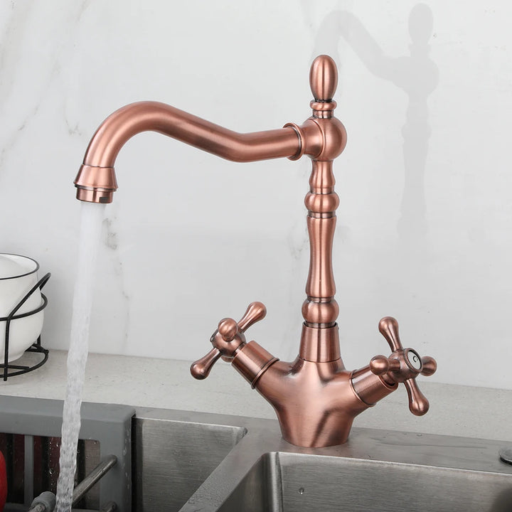 ZAPPO Kitchen Sink Faucet Polish Chrome Double Cross Handle Mixer 360° Swivel Spout Kitchen Faucets Tap Hot and Cold Water Taps