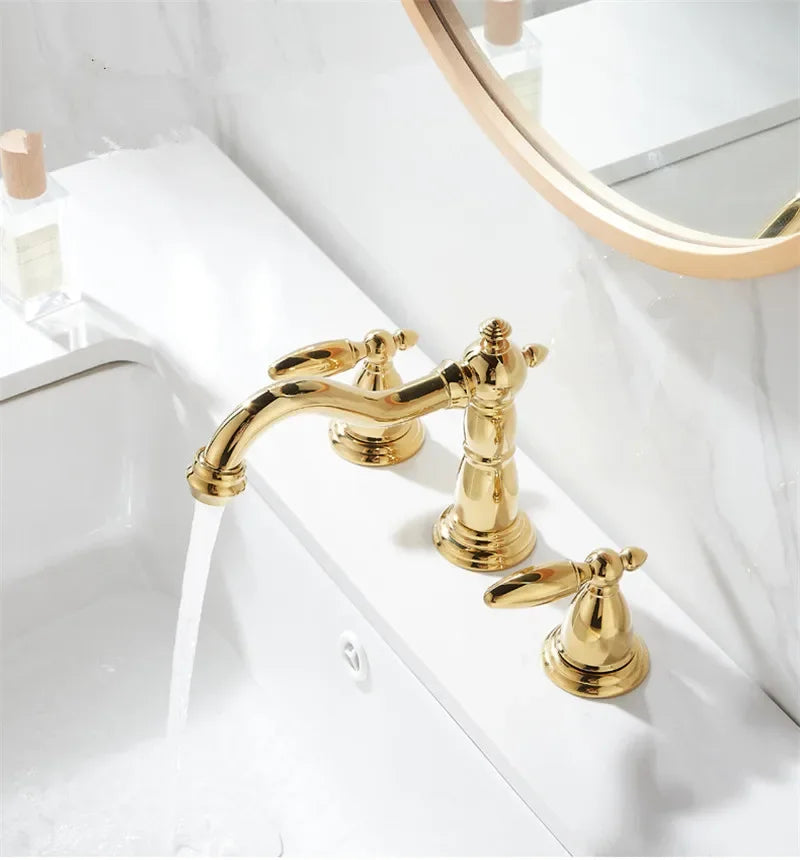 Basin Faucet Brass Gold Widespread Bathroom  Antique Sink  3 Hole Hot And Cold Water  Tap Pop Up