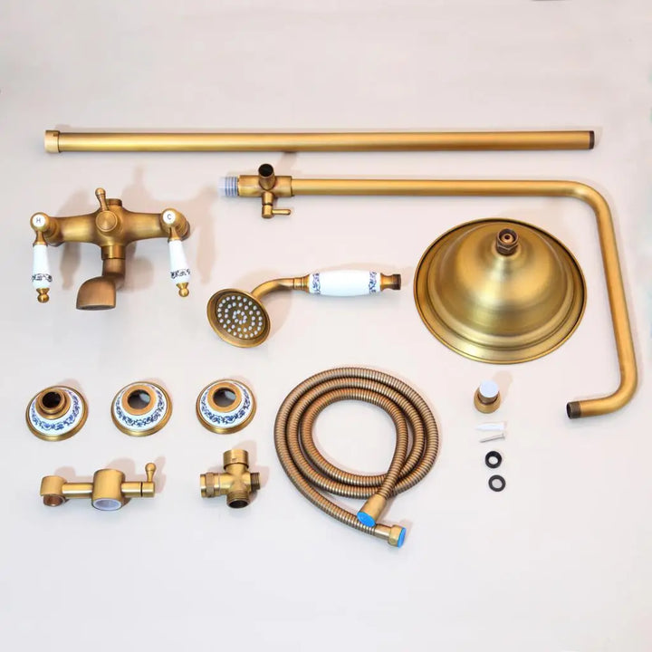 KEMAIDI Antique Brass Retro Vintage Bathroom Shower Faucet Set Wall Mounted Rainfall Shower Head Bathtub Mixer Shower Systerm