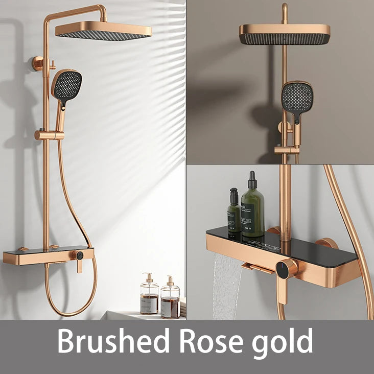 Hot Cold Piano Bathroom Shower System Set Brushed Rose Gold Waterfall Bathroom Faucet Rainfall Piano Bathroom Shower Set