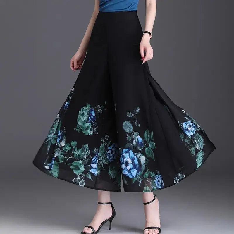 Thin Chinese Style Floral Chiffon Wide Leg Pants Women Tie Die Printed Button Loose High Waist Vintage Straight Trousers