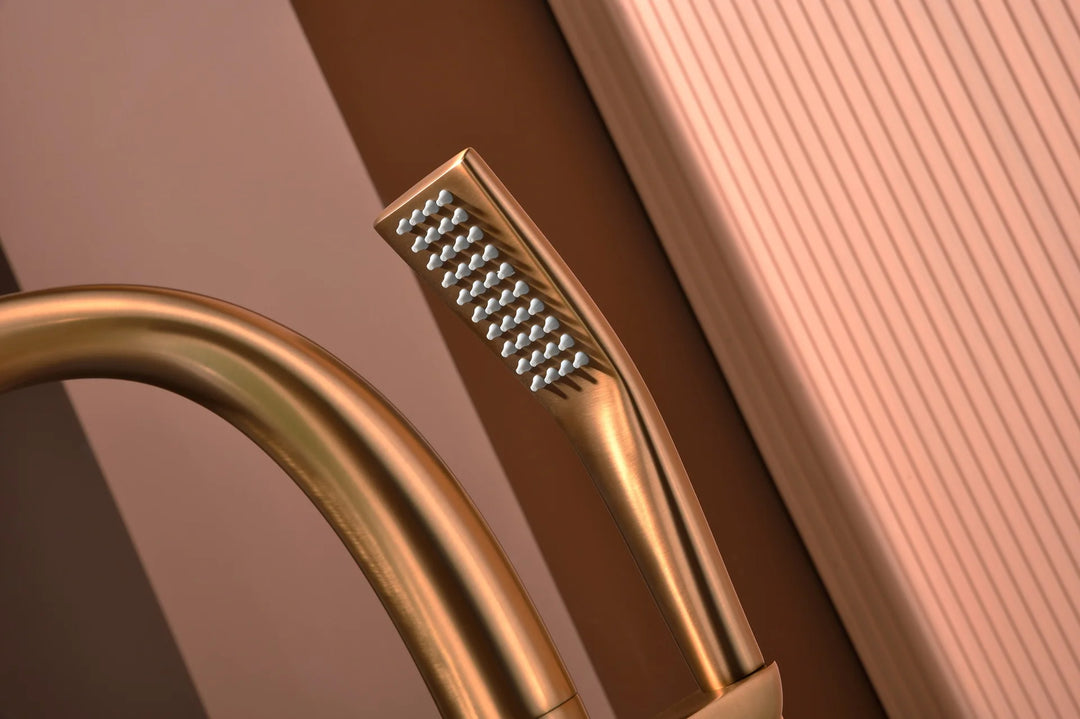 Floor Stand Waterfall Bathtub Faucet Solid Brass Bathroom Bathtub Water Mixer with Hand Shower in Brushed Rose Gold, Black, Gold