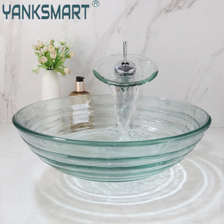 YANKSMART Transparent Tempered Glass Round Bathroom Basin Sink Faucet Set Washbasin Vessel Vanity with Mixer Waterfall Faucets