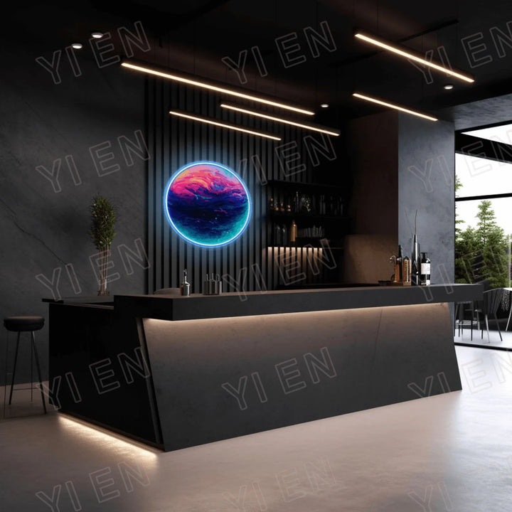 Planet Neon LED Light Acrylic Sign: AI Midjourney Generated Round Design, RGB Option , Galaxy Wall Art Decor for Home, Restaura