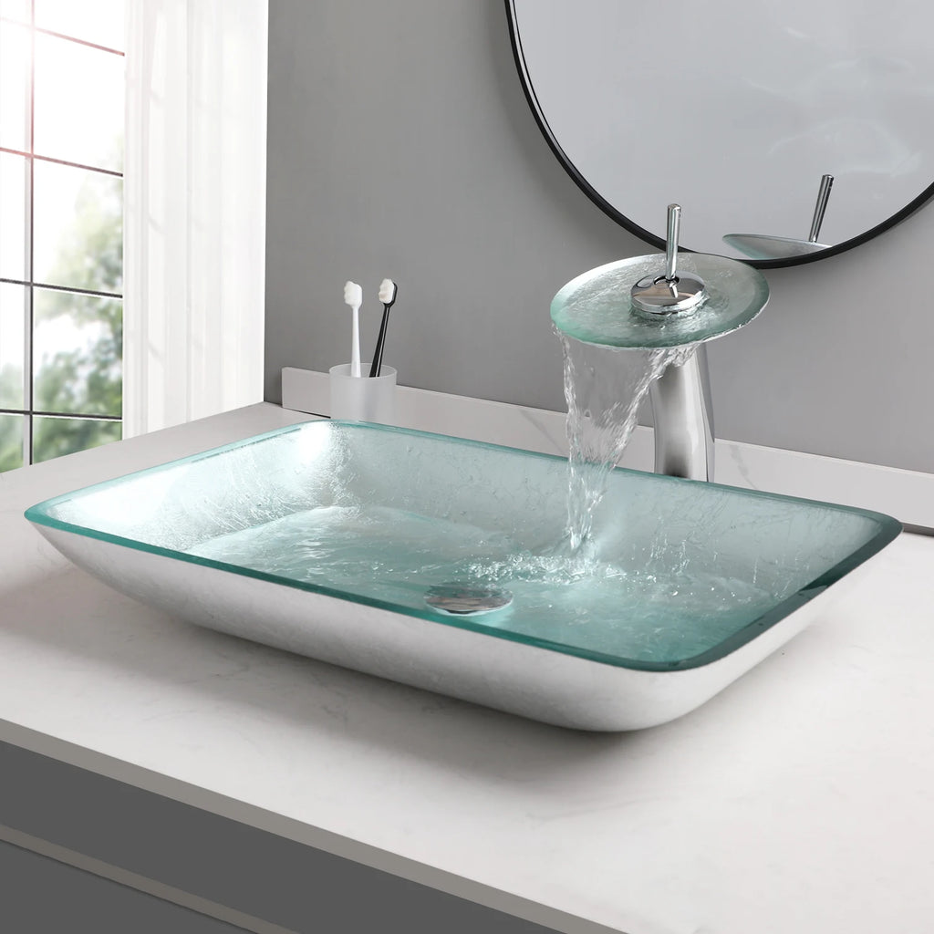 KEMAIDI Big Tempered Glass Basin Sink Washbasin Bathroom Vessel Sinks Counter Top Bowl Washroom Vessel Vanity Sink Faucet Set