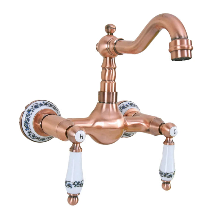 Antique Red Copper Brass Bathroom Kitchen Sink Faucet Mixer Tap Swivel Spout Wall Mounted Dual Ceramic Flower Levers Base mnf955
