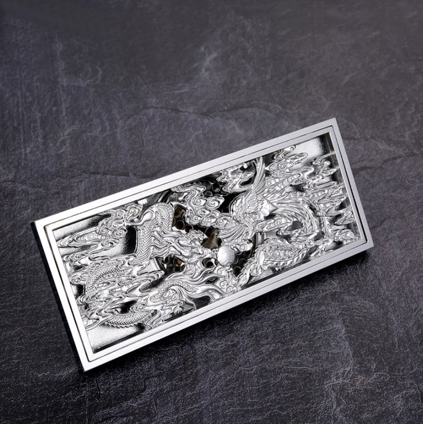 Bathroom Floor Drain Copper Antique Dragon Phoenix Picture Cover Large Displacement Floor Drain 20cm Long Strip Odor-Proof Drain