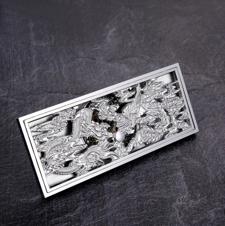 Bathroom Floor Drain Copper Antique Dragon Phoenix Picture Cover Large Displacement Floor Drain 20cm Long Strip Odor-Proof Drain