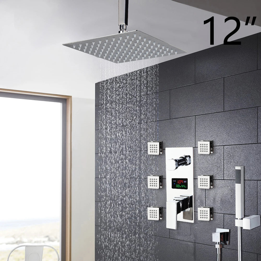 KEMAIDI Bathroom Shower Faucet Set MultifunctionalTemperature Digital Display Shower Systerm Mixer Tap w/ Body Massage Jets