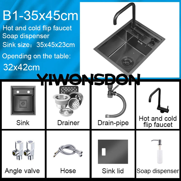 Nano Hidden Bar Kitchen Sink Black Folding Faucet Mini Small Single Bowl Wash Basin Stainless Steel Soap Dispenser Accessories