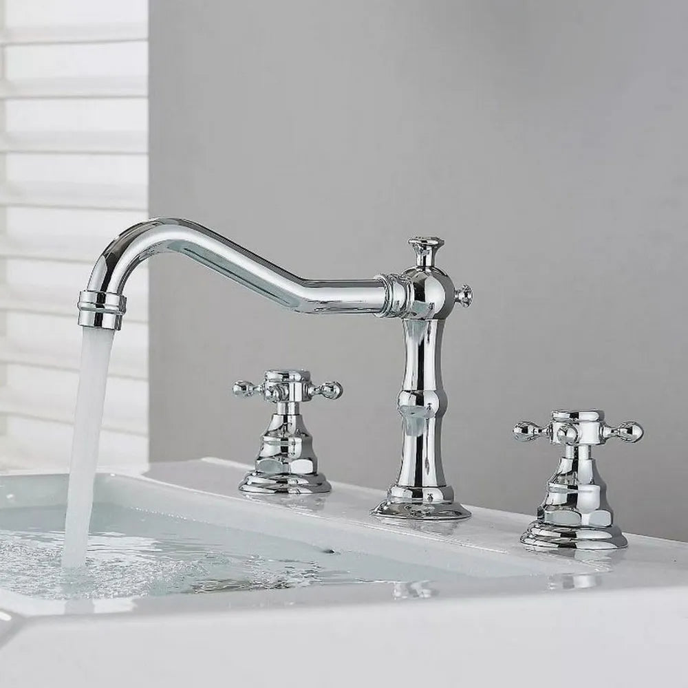 Bathroom Basin Faucet 3 Hole Deck Mounted Dual Handle Hot Cold Mixer Water Tap Brass Basin Sink Faucet Nzh041