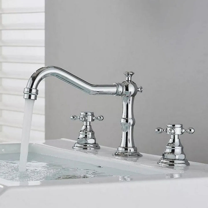 Bathroom Basin Faucet 3 Hole Deck Mounted Dual Handle Hot Cold Mixer Water Tap Brass Basin Sink Faucet Nzh041